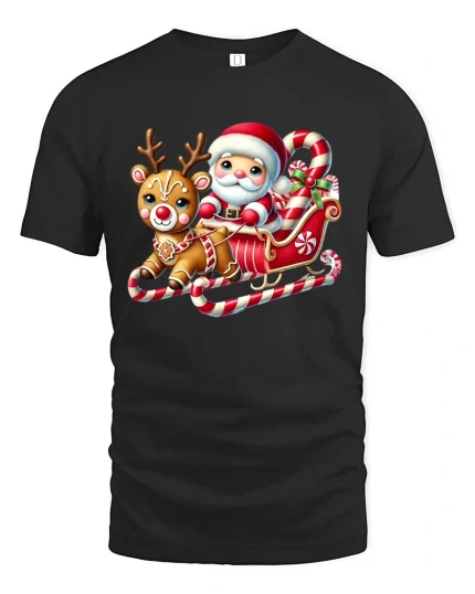 Cute Santa and Reindeer Sleigh Ride Graphic T-Shirt Holiday - black t-shirt on white background