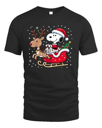 Cute Christmas Dog Riding Sleigh Graphic T-Shirt Holiday Style - black t-shirt on white background