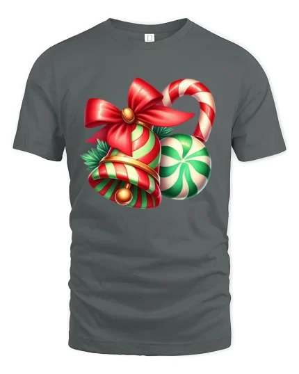 Festive Christmas Bells and Candy Cane Graphic T-Shirt Holiday - gray t-shirt on white background