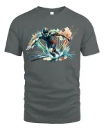 Dynamic Swimmer Splash Action Graphic T-Shirt for Sports Fans - gray t-shirt on white background