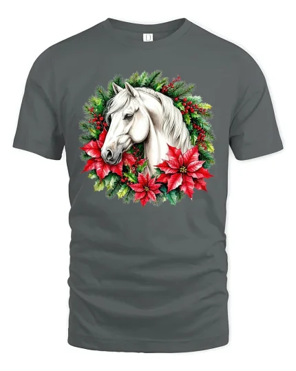 Christmas Horse Wreath Art Graphic T-Shirt Holiday Gift Idea - gray t-shirt on white background