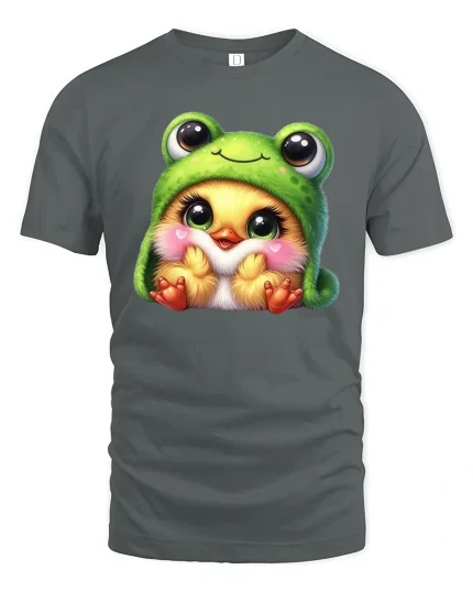 Cute Frog Hoodie Chick Art Graphic T-Shirt - gray t-shirt on white background