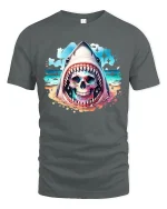 Neon Shark Skull Ocean Artwork Graphic T-Shirt for Beach Style - gray t-shirt on white background