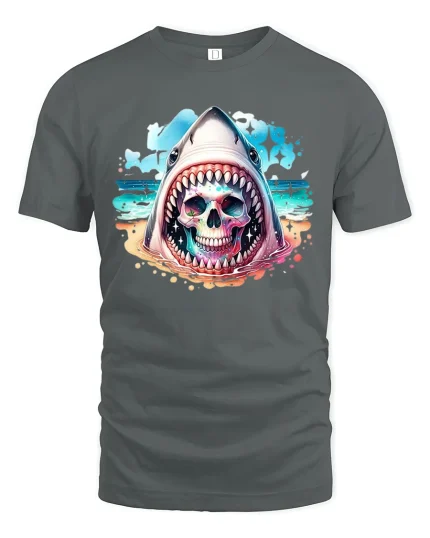 Neon Shark Skull Ocean Artwork Graphic T-Shirt for Beach Style - gray t-shirt on white background