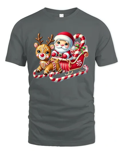 Cute Santa and Reindeer Sleigh Ride Graphic T-Shirt Holiday - gray t-shirt on white background