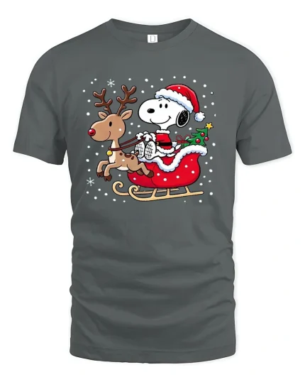 Cute Christmas Dog Riding Sleigh Graphic T-Shirt Holiday Style - gray t-shirt on white background