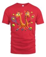 Funny Twin Giraffes Playing Tennis Graphic T-Shirt for Sports Fans - red t-shirt on white background
