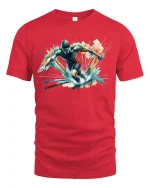 Dynamic Swimmer Splash Action Graphic T-Shirt for Sports Fans - red t-shirt on white background