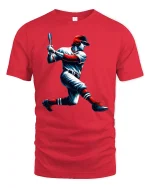 Dynamic Baseball Hitter Swing Action Graphic T-Shirt for Fans - red t-shirt on white background