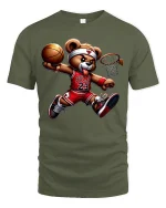 Cool Basketball Bear Dunking Cartoon Graphic T-Shirt Streetwear - military green t-shirt on white background