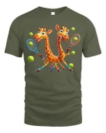 Funny Twin Giraffes Playing Tennis Graphic T-Shirt for Sports Fans - military green t-shirt on white background