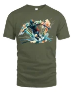 Dynamic Swimmer Splash Action Graphic T-Shirt for Sports Fans - military green t-shirt on white background