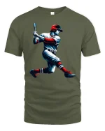 Dynamic Baseball Hitter Swing Action Graphic T-Shirt for Fans - military green t-shirt on white background