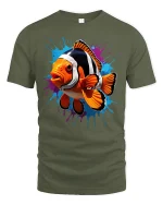 Color Splash Clownfish Graphic T-Shirt Vibrant Ocean Artwork - military green t-shirt on white background