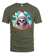 Neon Shark Skull Ocean Artwork Graphic T-Shirt for Beach Style - military green t-shirt on white background