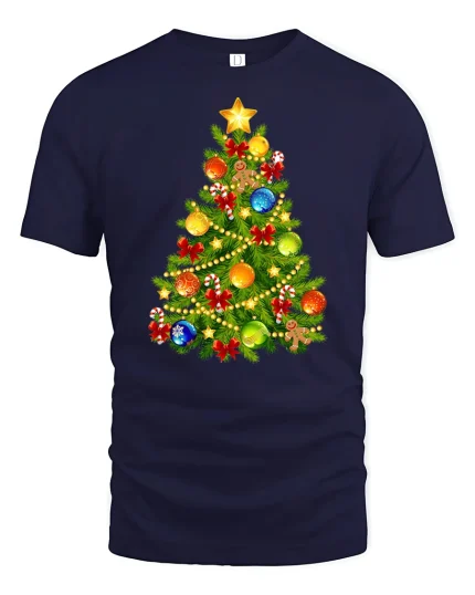 Bright Christmas Tree Ornaments Graphic T-Shirt Holiday Style - navy t-shirt on white background