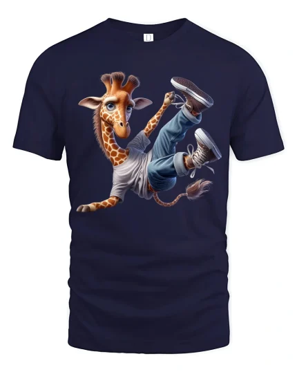 Cool Breakdancing Giraffe Cartoon Graphic T-Shirt for Fun Style - navy t-shirt on white background