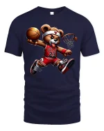 Cool Basketball Bear Dunking Cartoon Graphic T-Shirt Streetwear - navy t-shirt on white background