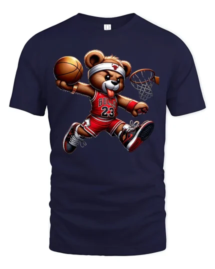 Cool Basketball Bear Dunking Cartoon Graphic T-Shirt Streetwear - navy t-shirt on white background