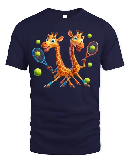 Funny Twin Giraffes Playing Tennis Graphic T-Shirt for Sports Fans - navy t-shirt on white background