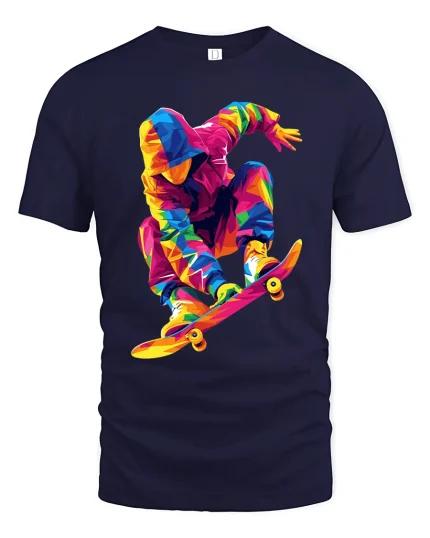 Colorful Skater Silhouette Artwork Graphic T-Shirt Street Style - navy t-shirt on white background