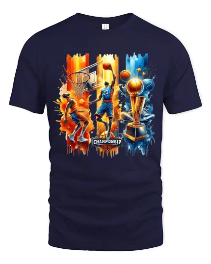 Championship Basketball Action Graphic T-Shirt for Sports Fans - navy t-shirt on white background
