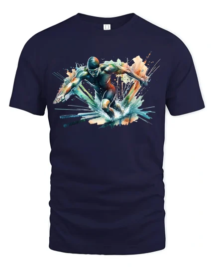 Dynamic Swimmer Splash Action Graphic T-Shirt for Sports Fans - navy t-shirt on white background