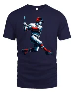 Dynamic Baseball Hitter Swing Action Graphic T-Shirt for Fans - navy t-shirt on white background