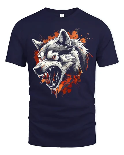 Fierce Wolf Head Attack Graphic T-Shirt Bold Wild Style - navy t-shirt on white background