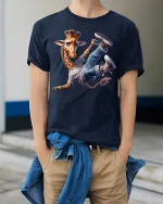 Cool Breakdancing Giraffe Cartoon Graphic T-Shirt for Fun Style - model wearing navy tee with hands in pockets