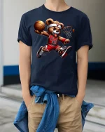 Cool Basketball Bear Dunking Cartoon Graphic T-Shirt Streetwear - model wearing navy tee with hands in pockets