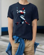 Dynamic Baseball Hitter Swing Action Graphic T-Shirt for Fans - model wearing navy tee with hands in pockets