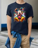 Color Splash Cartoon Mouse Character Graphic T-Shirt Vibrant Art - model wearing navy tee with hands in pockets