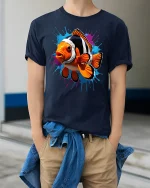 Color Splash Clownfish Graphic T-Shirt Vibrant Ocean Artwork - model wearing navy tee with hands in pockets