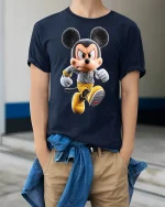 Angry Cartoon Mouse Hero Running Graphic T-Shirt Bold Style - model wearing navy tee with hands in pockets