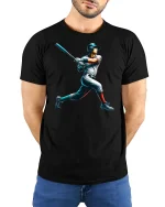 Vintage Baseball Swing Art Graphic T-Shirt - model wearing black tee with hands behind back