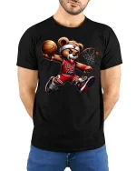 Cool Basketball Bear Dunking Cartoon Graphic T-Shirt Streetwear - model wearing black tee with hands behind back