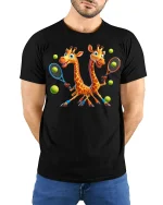 Funny Twin Giraffes Playing Tennis Graphic T-Shirt for Sports Fans - model wearing black tee with hands behind back