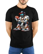 Cool Football Player Streetwear Graphic T-Shirt Hip Hop Style - model wearing black tee with hands behind back