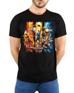 Championship Basketball Action Graphic T-Shirt for Sports Fans - model wearing black tee with hands behind back