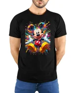 Color Splash Cartoon Mouse Character Graphic T-Shirt Vibrant Art - model wearing black tee with hands behind back