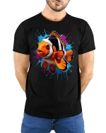 Color Splash Clownfish Graphic T-Shirt Vibrant Ocean Artwork - model wearing black tee with hands behind back