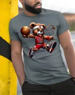 Cool Basketball Bear Dunking Cartoon Graphic T-Shirt Streetwear - model wearing grey tee, leaning on column
