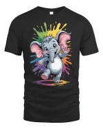 Cute Baby Elephant Rainbow Splash Graphic Tee - black t-shirt on white background