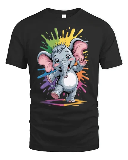 Cute Baby Elephant Rainbow Splash Graphic Tee - black t-shirt on white background
