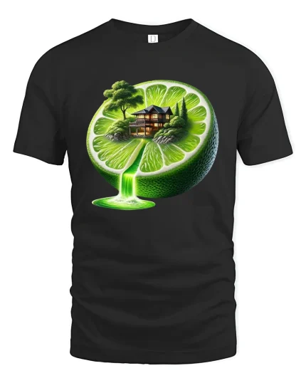 Surreal Lime House Waterfall Fantasy Art Tee - black t-shirt on white background