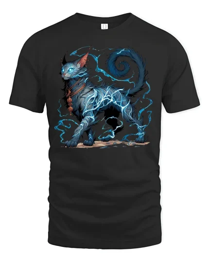 Electric Mystic Cat Lightning Fantasy Graphic Tee - black t-shirt on white background
