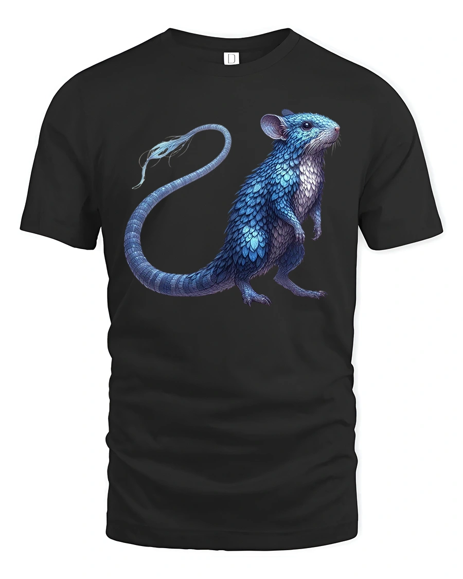 Fantasy Blue Scaled Mouse Creature Art Tee - 1 Fantasy Blue Scaled Mouse Creature Art Tee - black t-shirt on white background