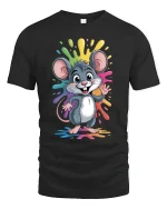 Cute Rainbow Splash Mouse Cartoon Fun Graphic Tee - black t-shirt on white background