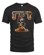 Floral Skull Letter T Decorative Art Graphic Tee - black t-shirt on white background